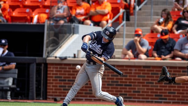 Dallas Baptist outfielder Jace Grady (29) hits during a game in the NCAA Stillwater Regional between the Oklahoma State Cowboys (OSU) and the Dallas Baptist Patriots at O'Brate Stadium in Stillwater, Okla., on Saturday, June 3, 2023.